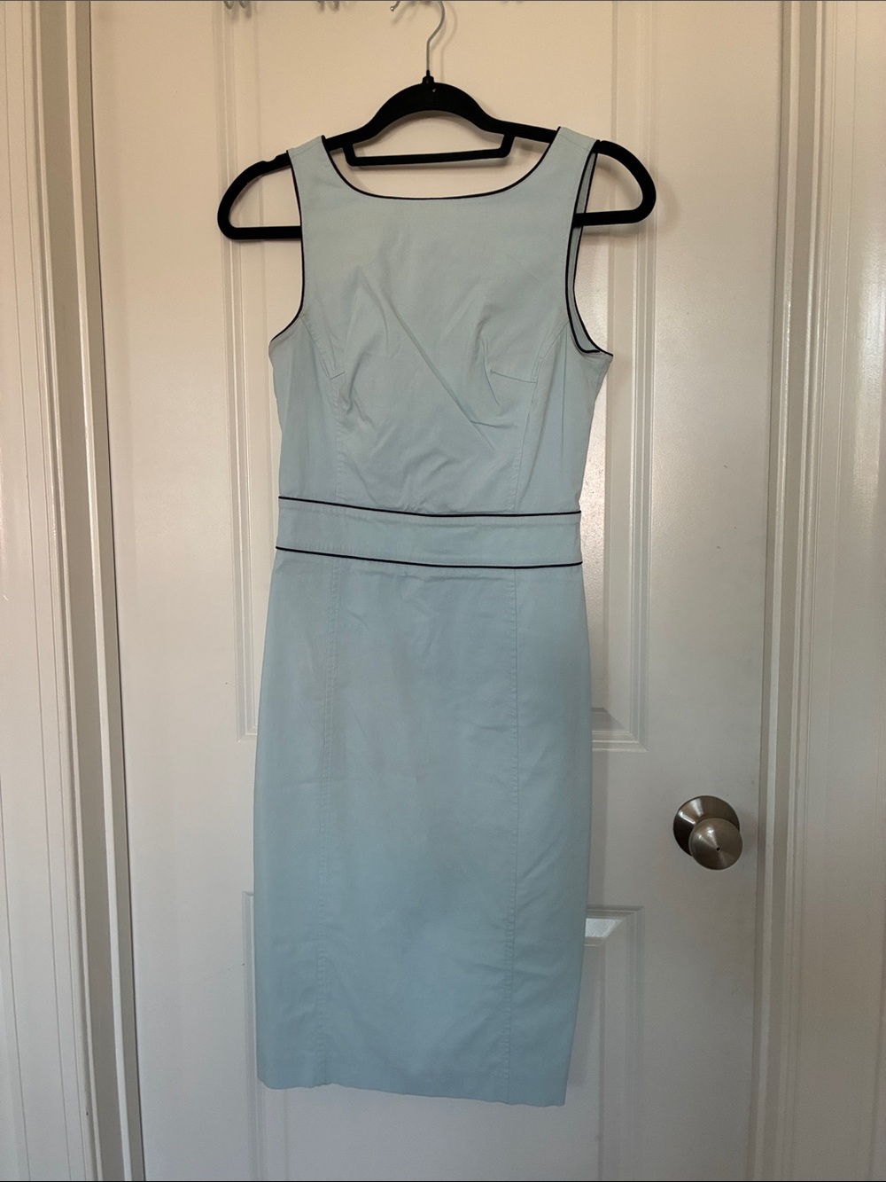 Express Light Blue Sleeveless Sheath Dress with Black Piping